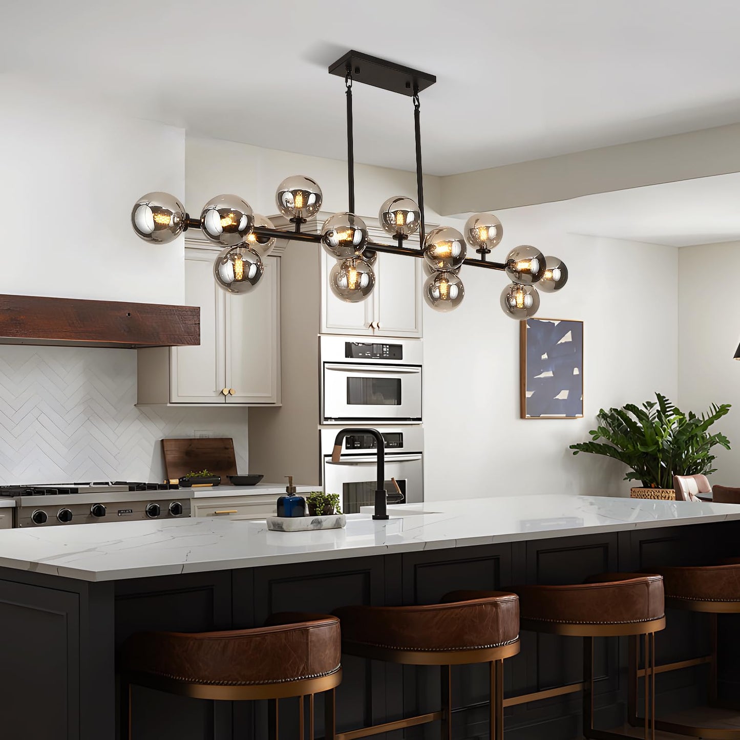 APLampara Mid Century Modern Chandelier 55in Linear Bubble Chandeliers 16-Light Black & Gray Sputnik Pendant Lighting Fixture for Dining Room Kitchen Island
