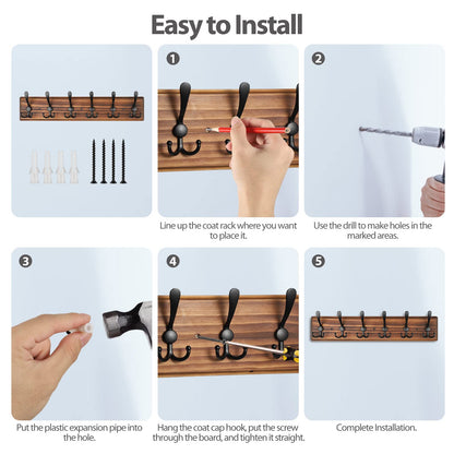 PHINGEER Coat Rack Wall Mount, Wooden Heavy Duty Coat Rack for Wall,6 Triple Coat Hanger Hooks for Hanging Coats,Jacket,Hat,Clothes (Brown, 6 Hooks)