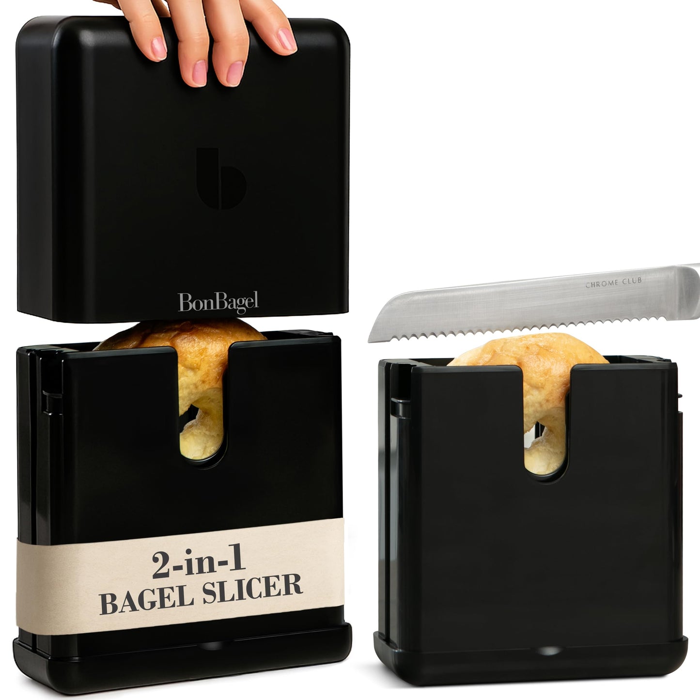 BonBagel Bagel Cutter Slicer – Precision Bagel Slicer with Auto-Center Holder – Compact 7-Inch Space-Saving Design for Even Cutting Large and Small Bread at Home or Café Kitchen - Black