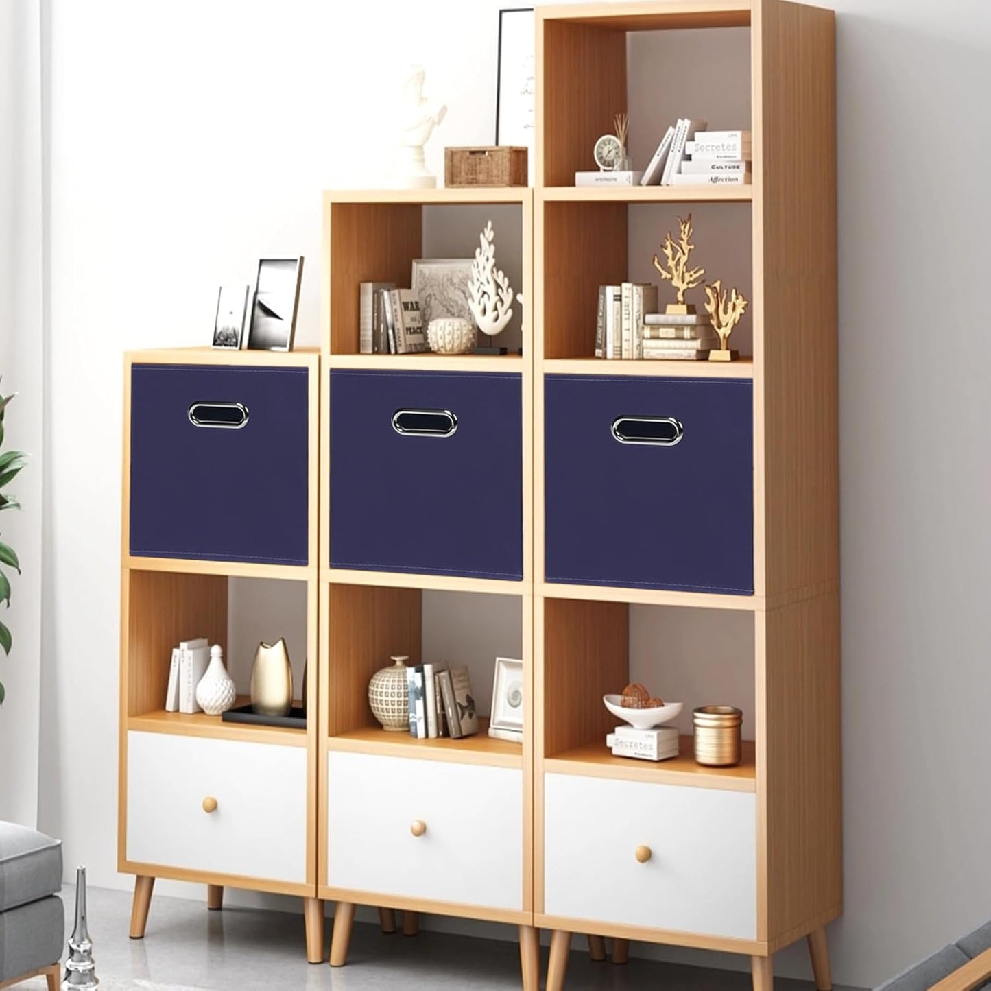 Black Foldable Storage Cubes Bins, Fabric Storage Box Organizer with Dual Handles, Navy Blue
