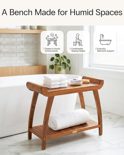 StrongTek Long Teak Shower Bench with Handles and Shelf, Solid Teak Wood Bathroom Bench, Quick-Dry Slatted Bath Bench, 29.5" L x 12.5" D x 24" H, 400 lbs Capacity, for Shower or Bathroom