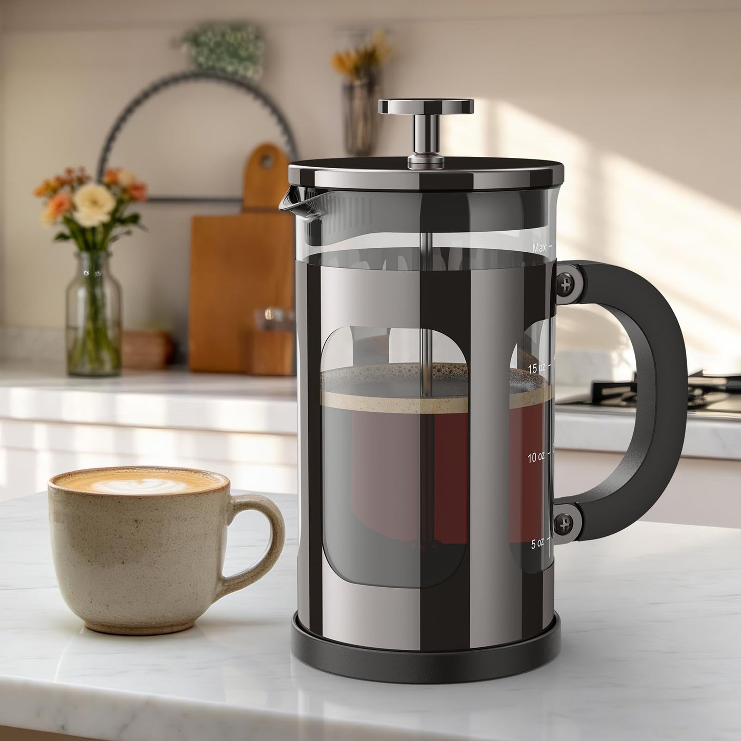 Veken French Press Coffee Maker 21oz 0.6 L, Single Serve Small Pot, Heat Resistant Thickened Borosilicate Glass,Stainless Steel Brewer,Cold Brew Cafetera Teapot for Kitchen Travel Camping, Dark Pewter