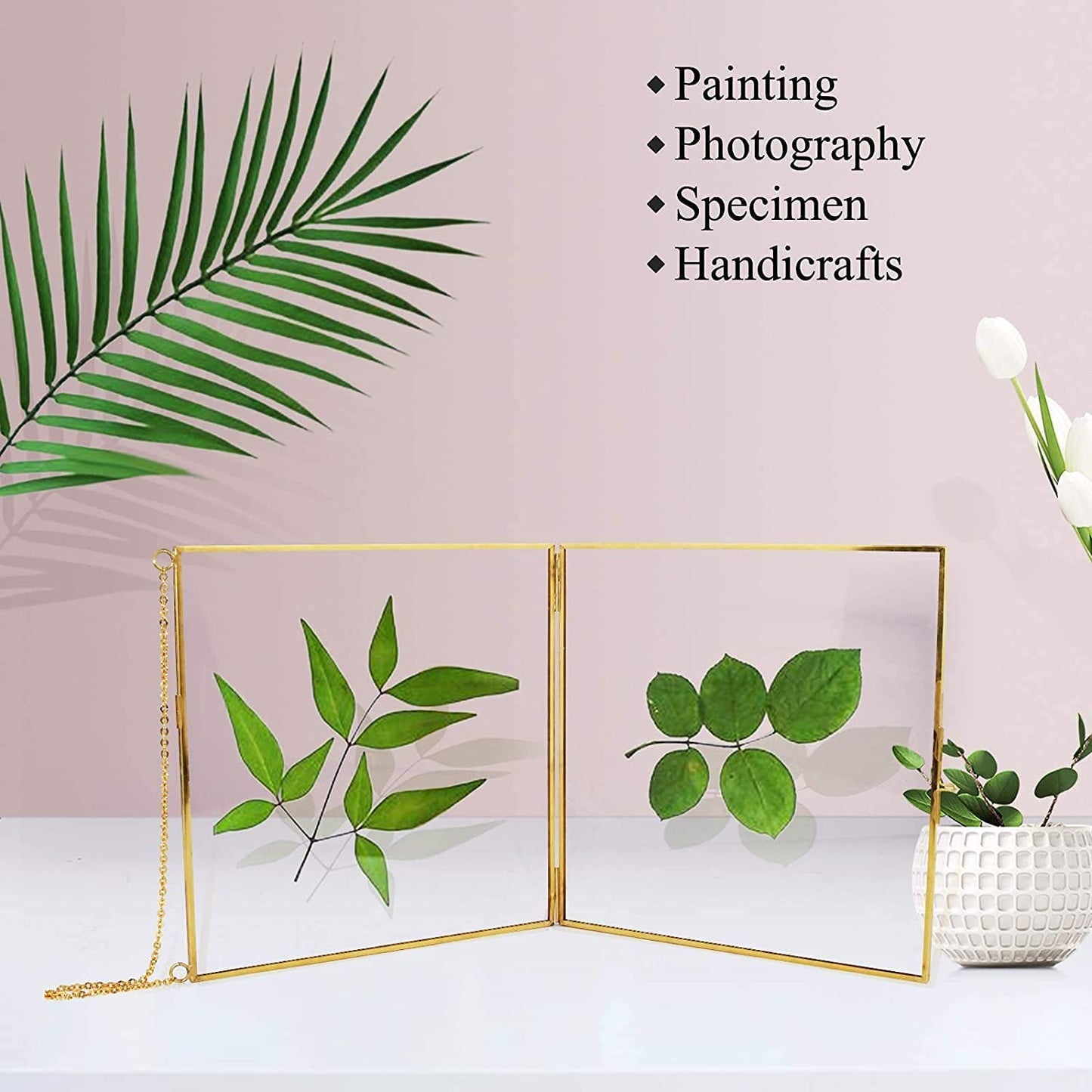 TLBTEK 2 PCS 8x8 inch Brass Hanging Photo Frame,Double Glass Frame for Pressed Flowers,Clear DIY Vintage Artwork Display Frame Wall Mounted Photos Frame