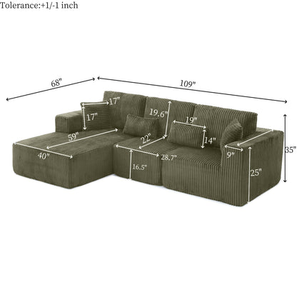 109" Modular L-Shaped Corner Cloud Sofa Corduroy Modular Couches with Deep Seat, 3 Pieces Compressed Boneless Sofa W/Left Chaise Lounge and 4 Pillows for Living Room