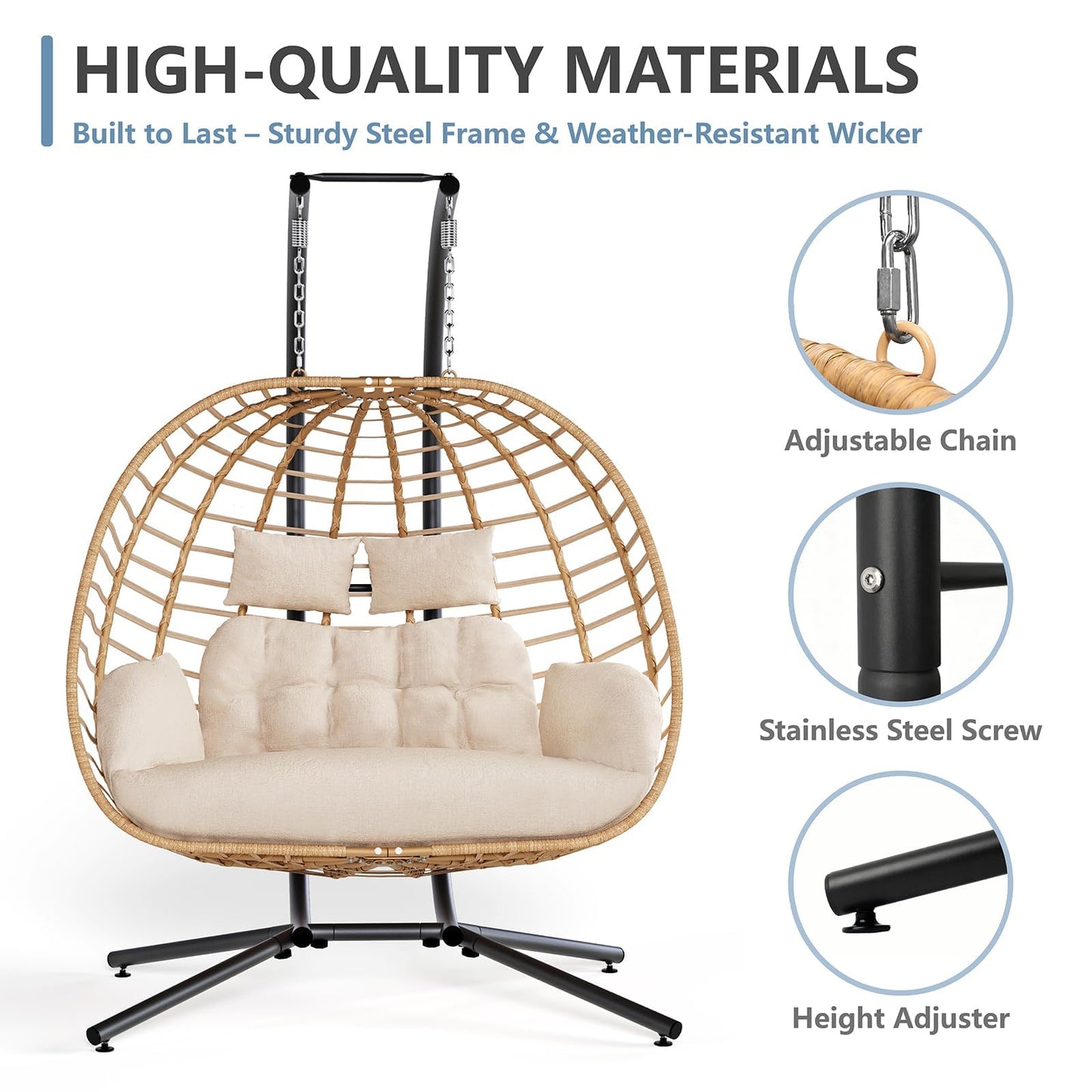 SWITTE Double Hanging Egg Chair with Stand, Outdoor Patio 2 Person Wicker Hammock Swing Chairs with Cushion Loveseat for Indoor Bedroom, Lawn, Garden-Beige