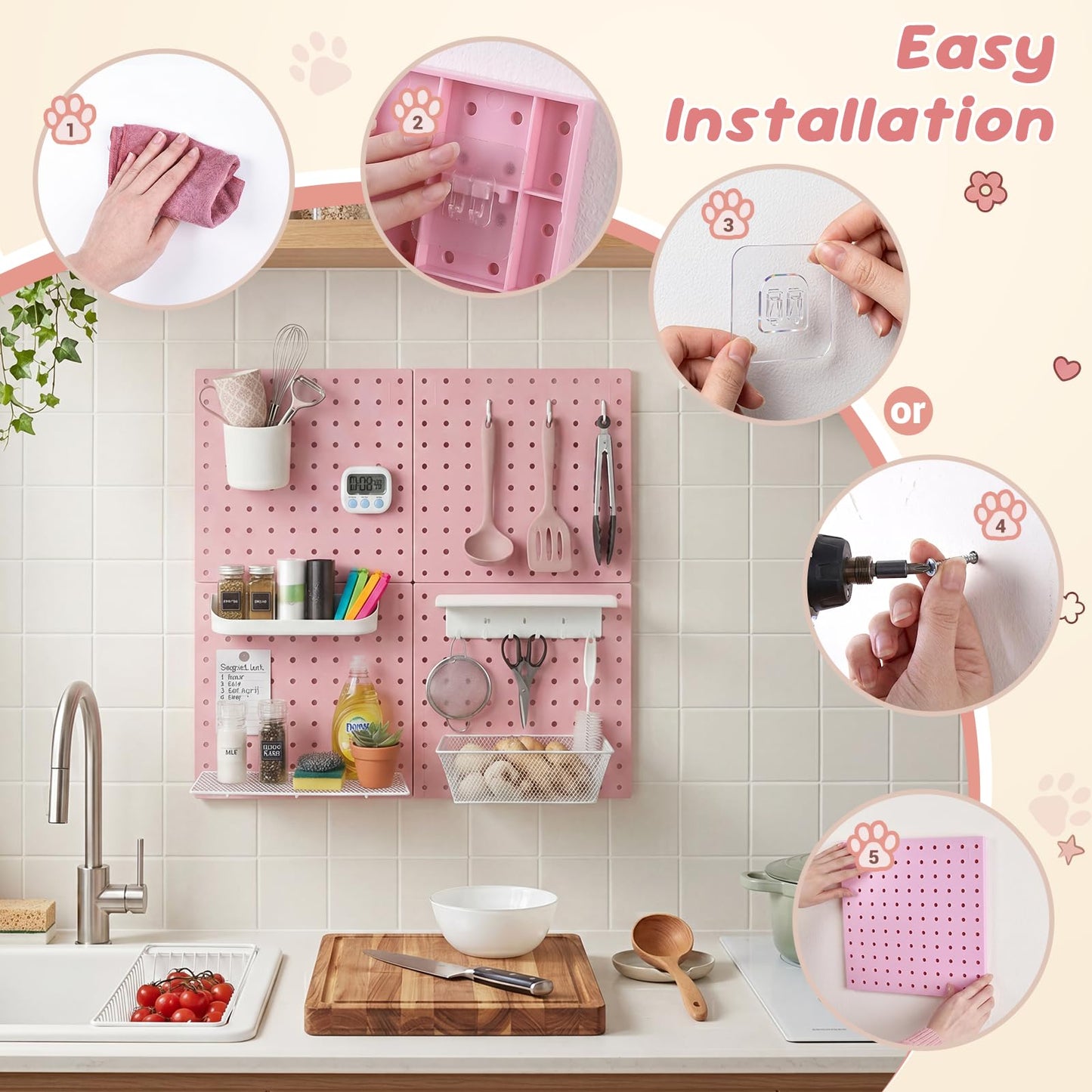 Pegboard Wall Organizer, 4 x11” x 11” ABS Peg Board Wall Organizer with Hooks, Shelves & Baskets, Drill or Adhesive Mount, 110 lbs Heavy Duty Wall Storage for Kitchen, Garage, Bathroom, Office (Pink)
