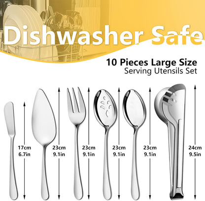 Pleafind 10 PCS Serving Utensils Set, Stainless Steel with Serving Spoons, Slotted Spoons, Forks, Tongs