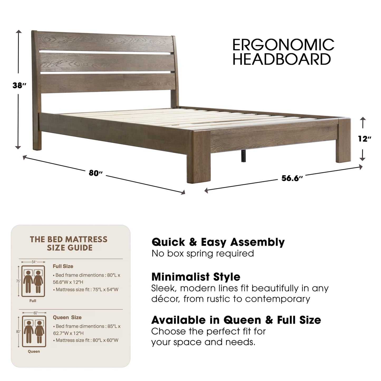 Full Size Solid Wood Platform Bed Frame, Headboard & Footboard, 12 Heavy-Duty Slatted Design, Center Metal Legs, Easy Assembly, No Box Spring Needed, Anti-Noise & Slip-Free, Barnwood Finish QIF-30