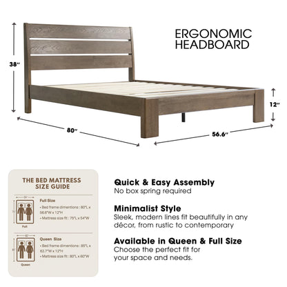 Full Size Solid Wood Platform Bed Frame, Headboard & Footboard, 12 Heavy-Duty Slatted Design, Center Metal Legs, Easy Assembly, No Box Spring Needed, Anti-Noise & Slip-Free, Barnwood Finish QIF-30