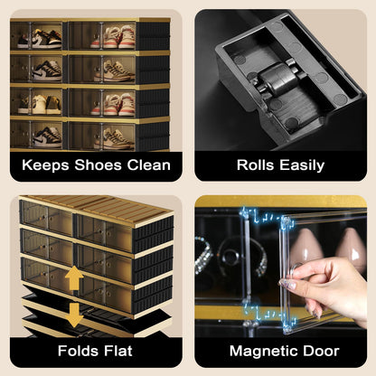 SYNCVIBE Shoe Rack Organizer for Closet Entryway Foldable Sneaker Storage Shoe, Collapsible Shoe Cabinet, Stackable Shoe Storage Cabinet with Lids for Living Room (9 Tiers -36 Pairs Black Gold)
