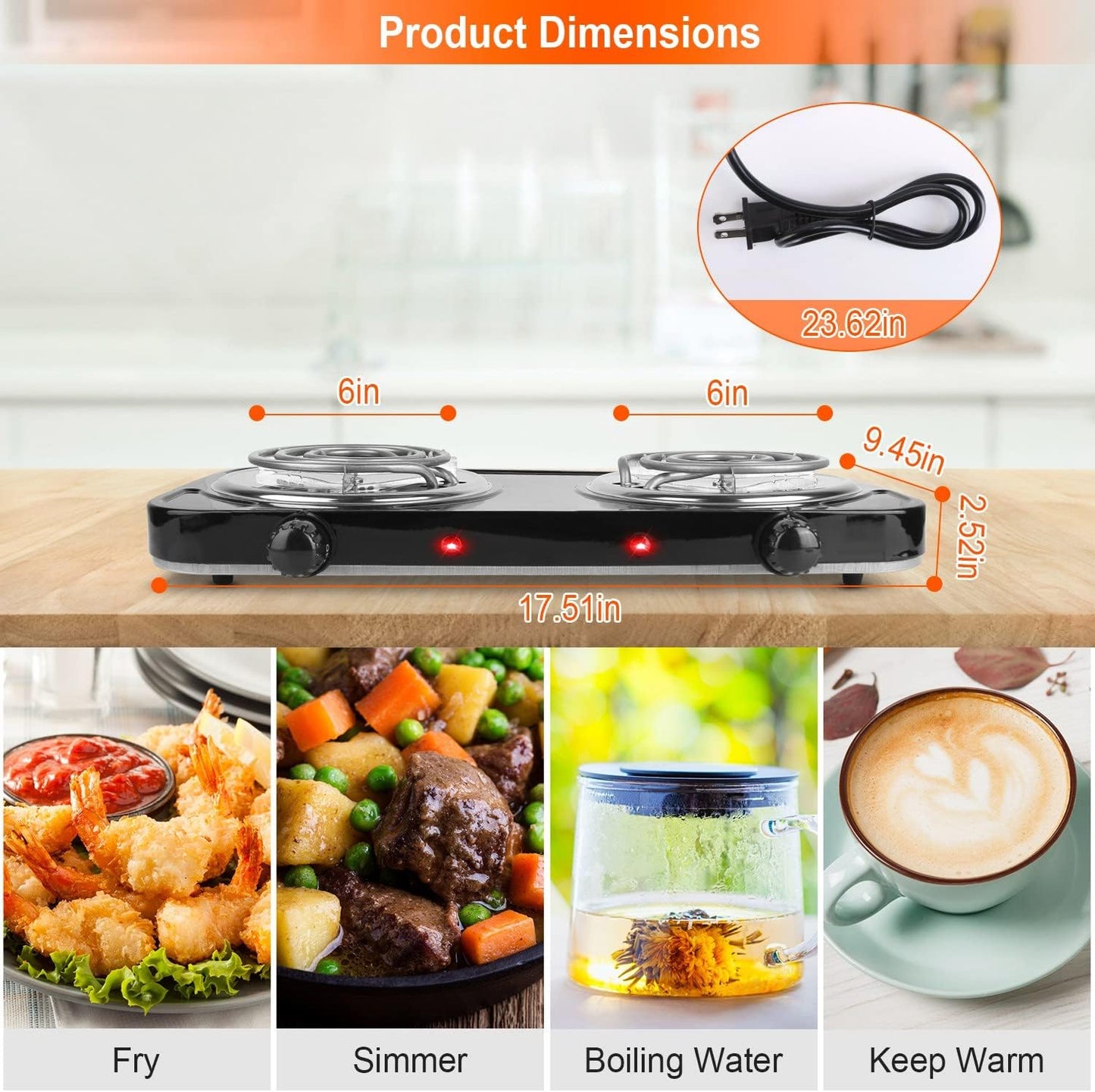 Electric Double Burner 2000W Portable Coil Hot Plate Stove - Countertop RV Hotplate with Non-Slip Rubber Feet