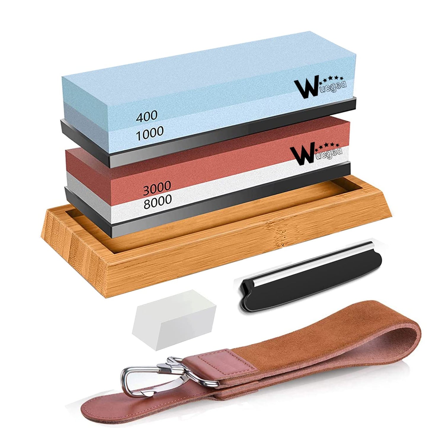 Wucgea Knife Sharpening Stone Kit - 400/1000 3000/8000 Grit Japanese Whetstone Set with Non-Slip Rubber Base, Angle Guide, Flattening Stone and Leather Strop
