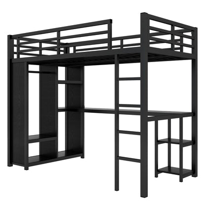 Bellemave Metal Twin XL Size Loft Bed with Desk and Wardrobe,Heavy Duty Loft Bed Frame with Storage Shelves for Kids,Teens,Adults, Space Saving,Black