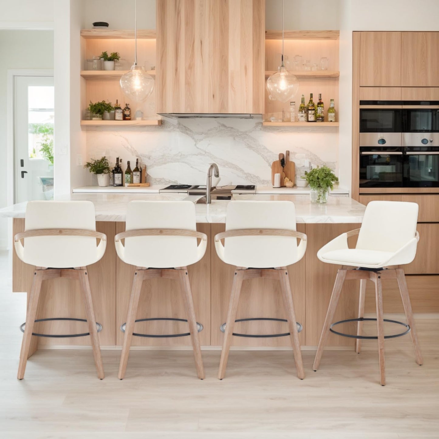 CIMOTA Leather Swivel Bar Stools Set of 4, Mid-Century Modern Counter Height Chairs with Faux PU Upholstery and Natural Wooden Legs for Kitchen Island, 26 Inch/Beige