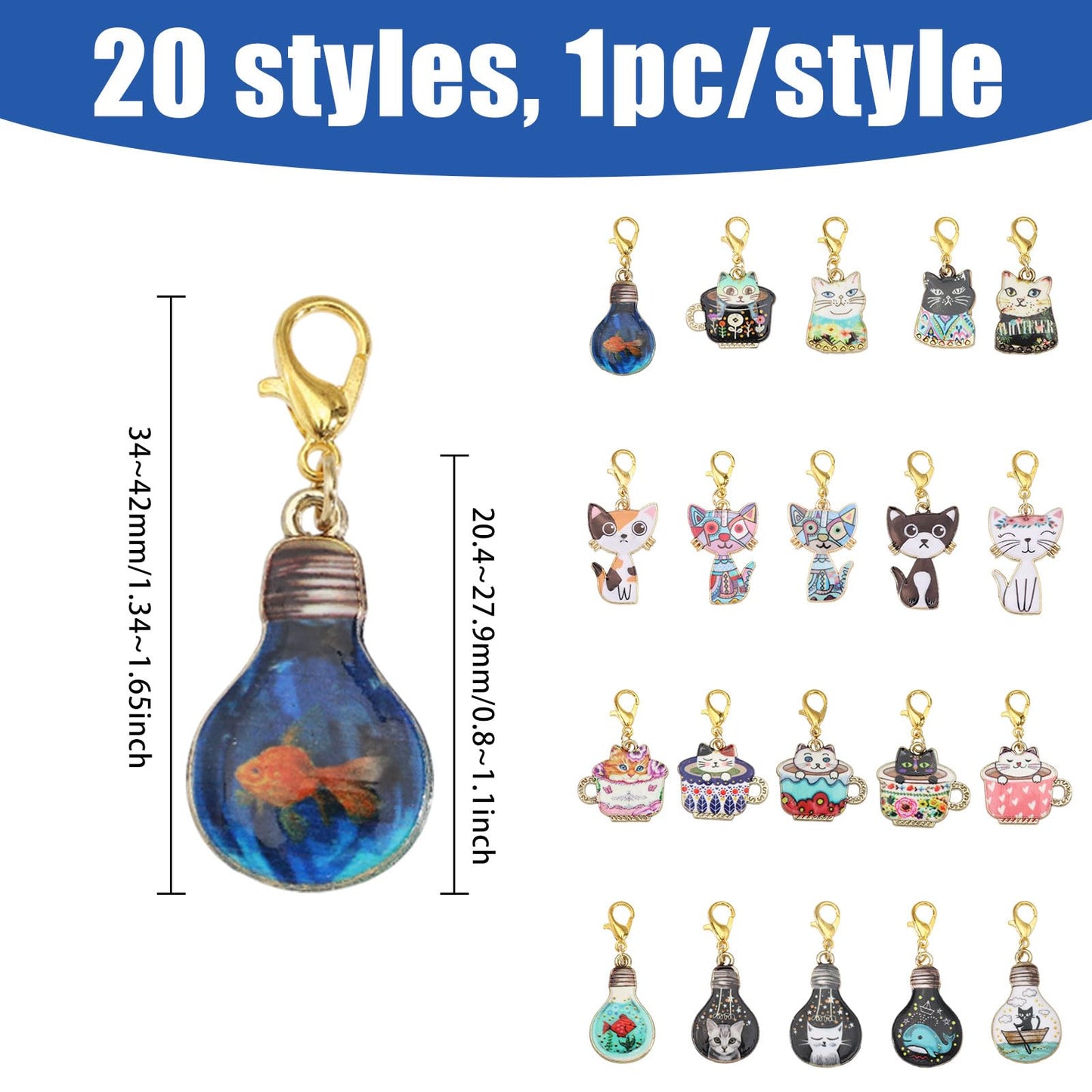 CONCHLERY 20 Pcs Teacup Cat Zipper Charm Cat Stitch Markers Charm Alloy Stitch Marker for Knitting Crocheting Quilting Weaving Jewelry Making Supplies, Mixed Color