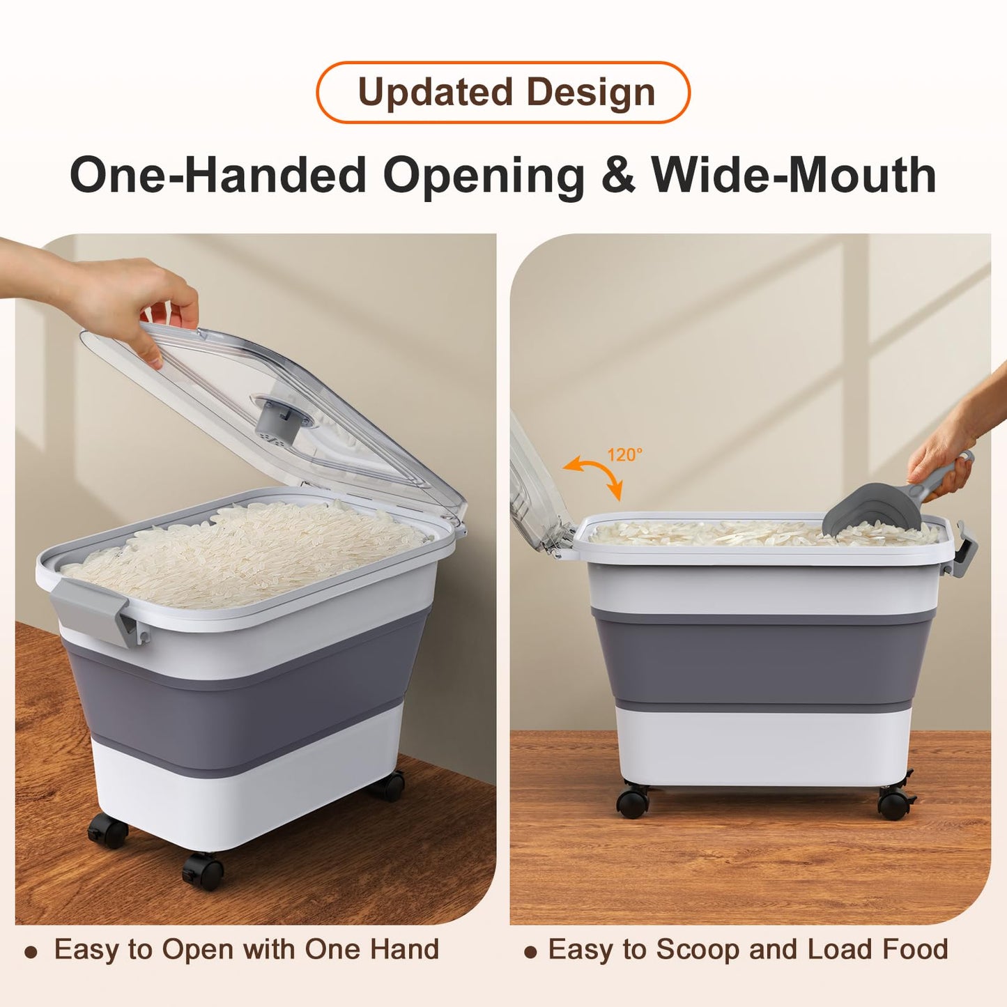 Rice Storage Container, Collapsible Airtight Food Storage Containers 20-30lbs with Clear Lid and Wheels, Rice Dispenser with Scoop for Flour Cereal Pasta Grain, Cat Pet Bird Dog Food Storage Container