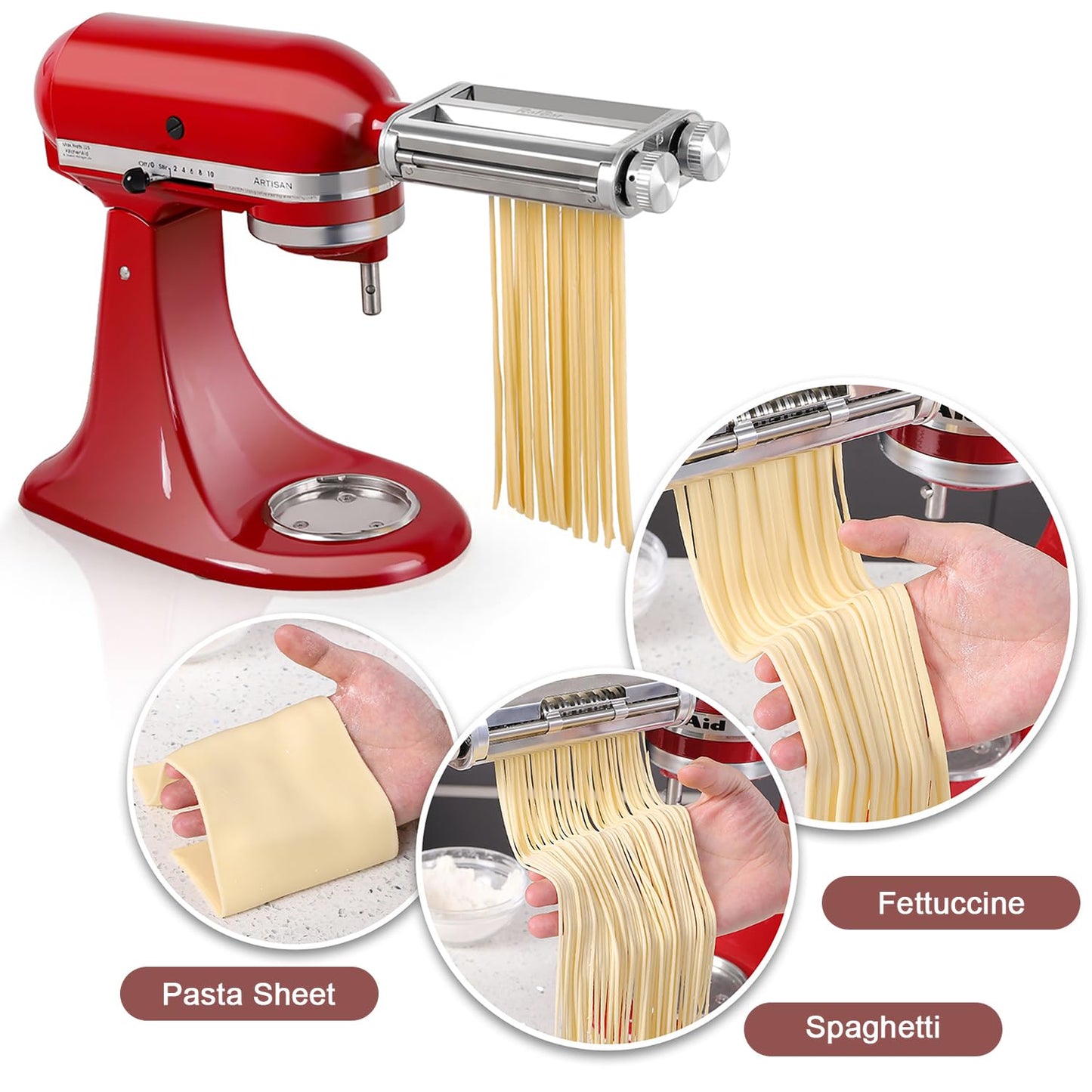 Pasta Maker Attachment for KitchenAid Stand Mixers, 3-in-1 Pasta Roller & Cutter Set with Spaghetti and Fettuccine Cutter Blades, Adjustable 8 Thickness Settings, Durable Metal Construction