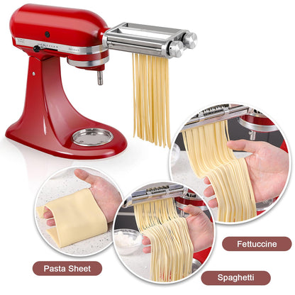 Pasta Maker Attachment for KitchenAid Stand Mixers, 3-in-1 Pasta Roller & Cutter Set with Spaghetti and Fettuccine Cutter Blades, Adjustable 8 Thickness Settings, Durable Metal Construction