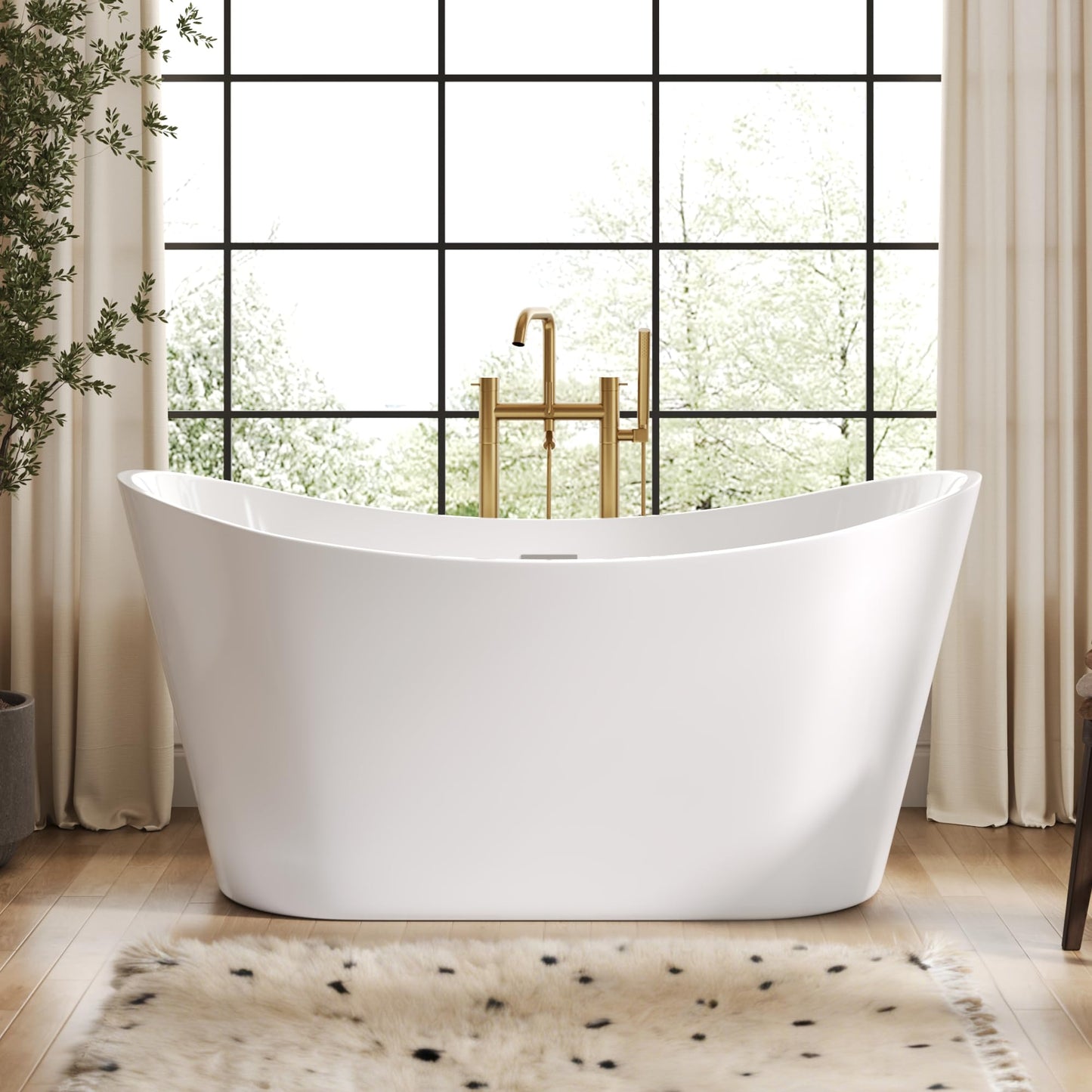 DeerValley 59" Free Standing Bathtub, Acrylic Soaking Tub with Center Drain & Integrated Overflow, Modern Standalone Shower Tub White, Deep Soaker, Ergonomic Design, DV-1T151S