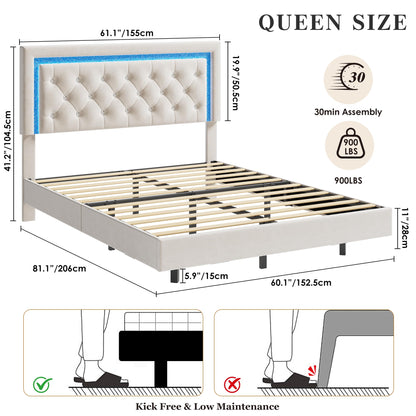 Garvee Floating Bed Frame Queen Size with Smart Led Lights, Upholstered Platform Bed with Diamond Headboard, Solid Wood Slats Support, No Box Spring Needed, Noise-Free, Easy Assembly, White