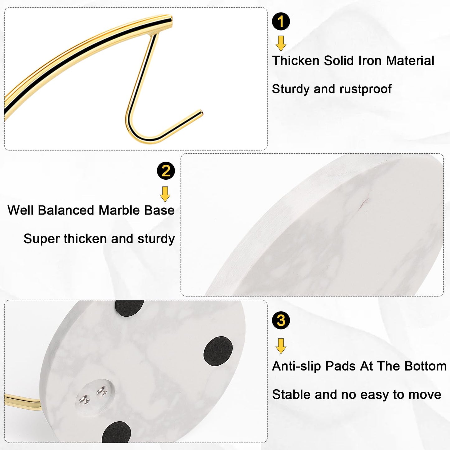 Livabber Banana Holder with Marble Base, Metal Banana Hanger Modern Tree Stand with Hook, Stylish Banana Keeper Fresh Fruit Storage Organizer Freestanding for Kitchen Countertop (Gold, Single Hook)