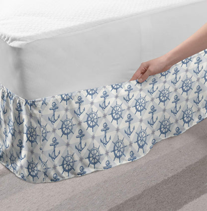 Lunarable Nautical Elastic Bed Skirt, Hand Drawn Compass Anchor Design, King Size, Grey Blue
