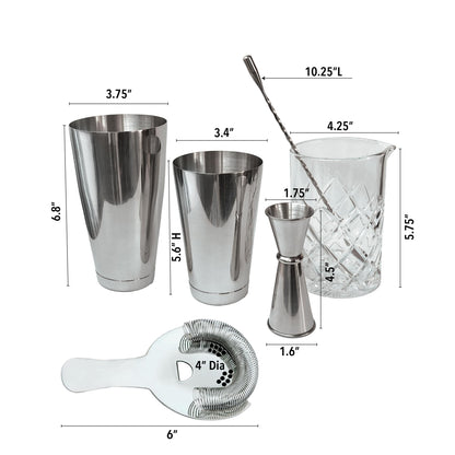 Lily's Home 6-Piece Boston Cocktail Shaker Set: Boston Shaker Cocktail Set,Mixing Glass, Mixing Spoon,Dual Sided Jigger and Stainer,for Home Mixology,Cocktail Lovers & Beginner