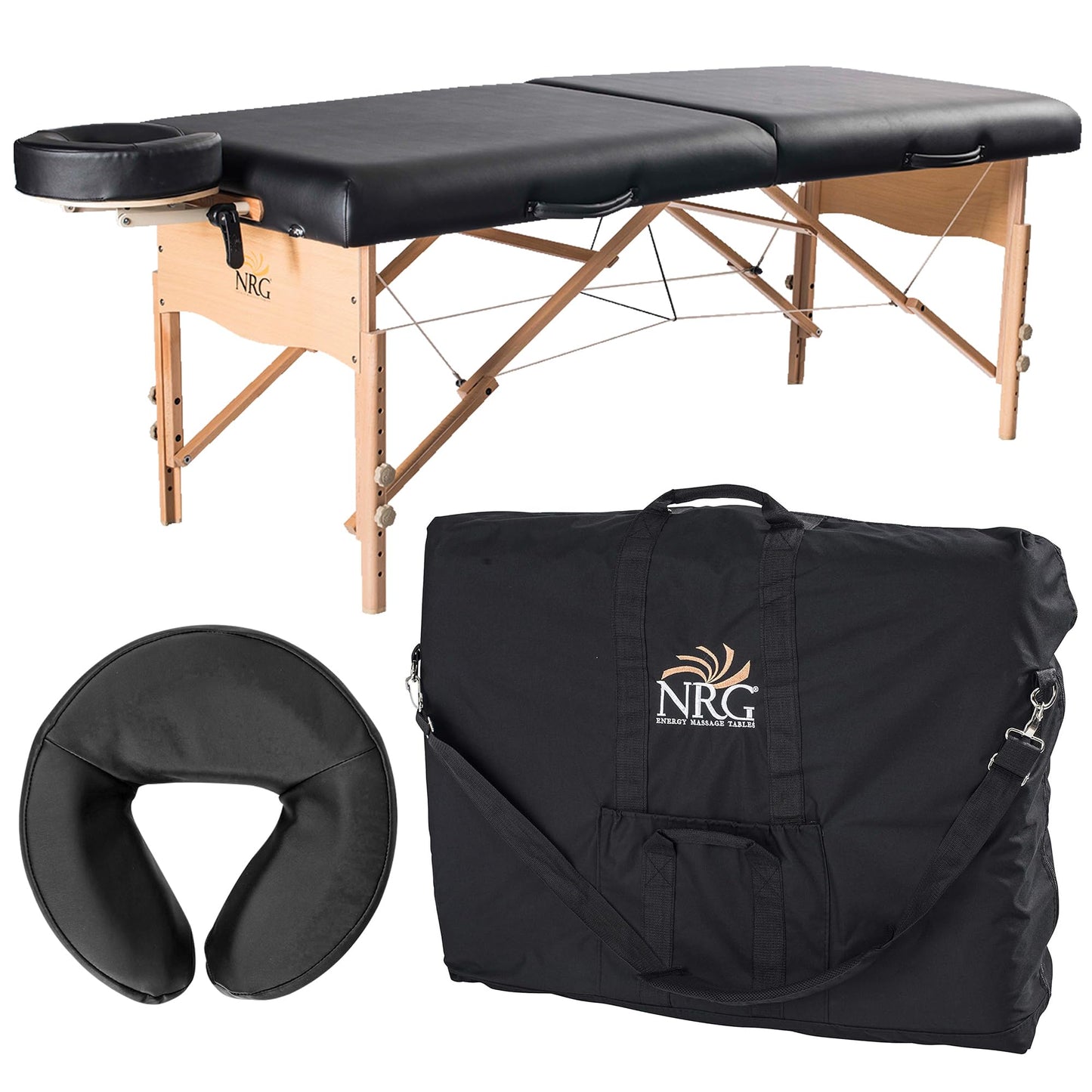 Chi Massage Portable Table Package by NRG - Lightweight, Folding Massage Therapy Table - Ultra Comfortable - Made of Durable White Oak - Premium Headrest with Cushion, Carry Case - Color Black