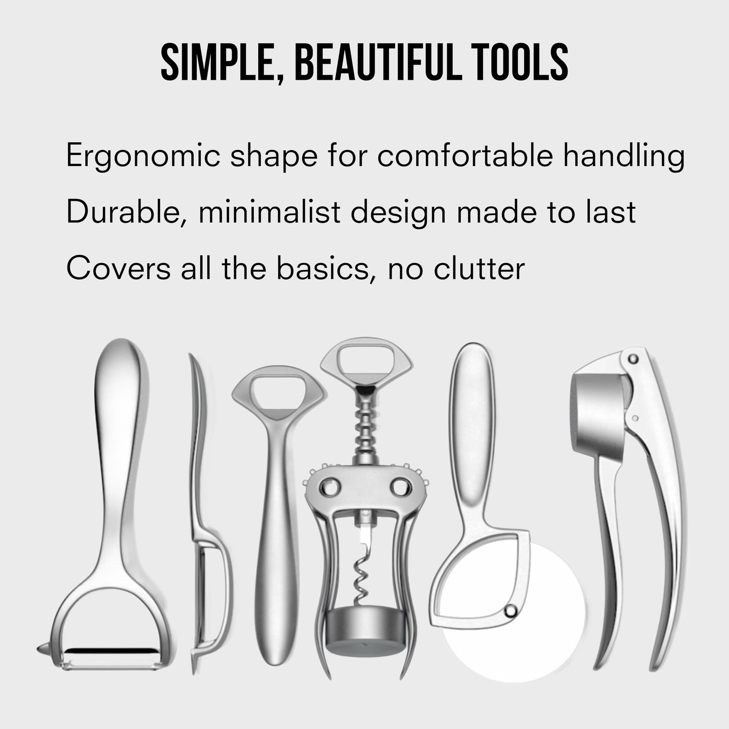 Public Goods Kitchen Tool Set | 6 Piece Kitchen Utensil Set | Includes Y-Peeler, Peeler, Bottle Opener, Wine Opener, Pizza Cutter, and Garlic Press | Plastic-Free, Dishwasher Safe Gadget Essentials