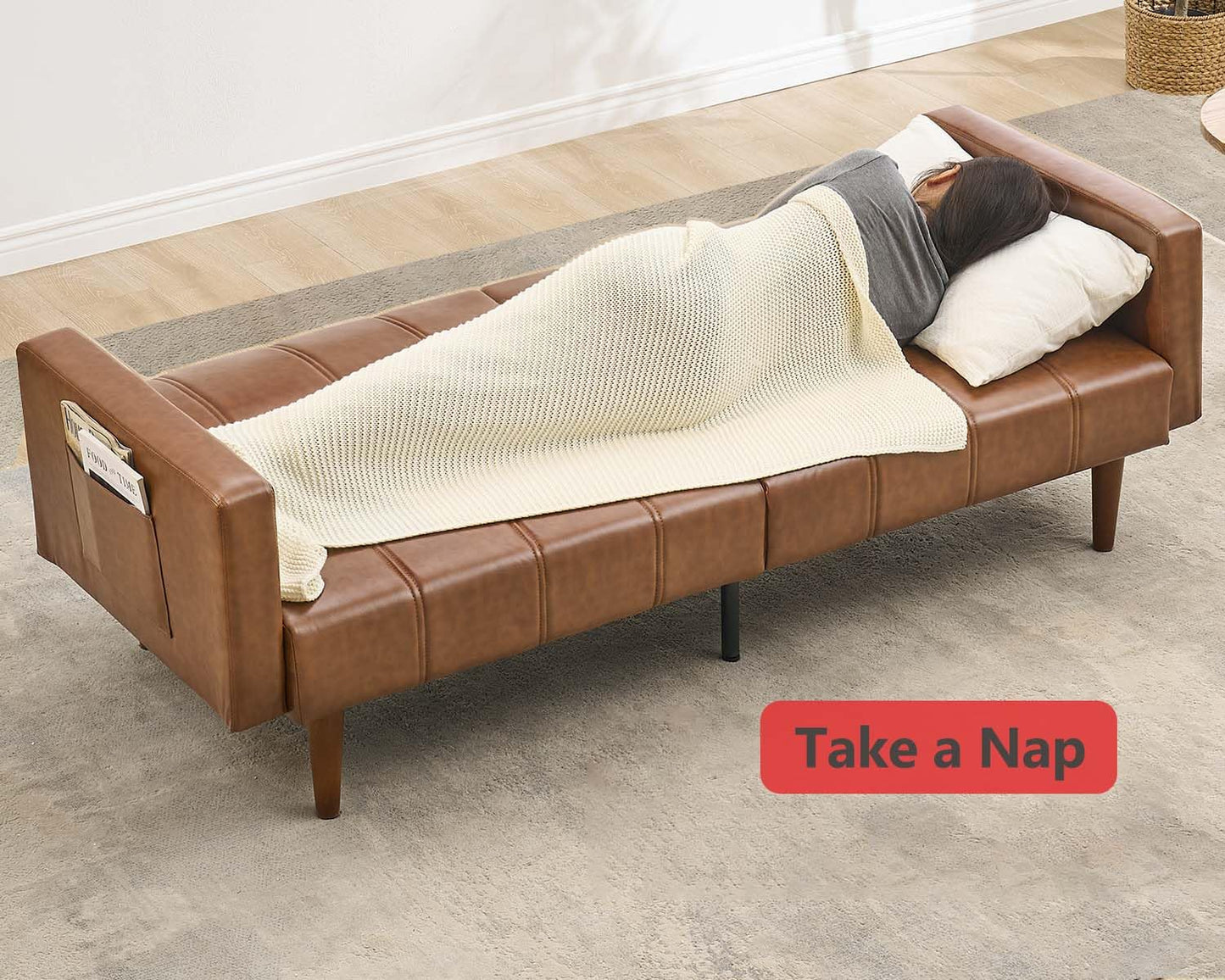 75" Futon Sofa Bed, Mid-Century Modern Futon Couch, Convertible Sleeper Sofa with Adjustable Backrest, Side Pocket, PU Leather Couch for Living Room, Brown