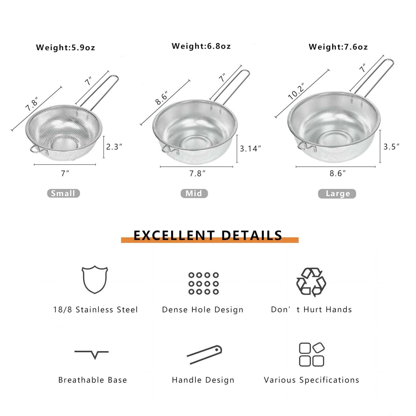 ICEICE Metal Fine Mesh Strainer and Colander for Kitchen with Handle, Stainless Steel Pasta Strainer/Kitchen Funnel/Collander/Sifter for Strain/Wash Vegetables, Fruits, Spaghetti, Rice (10.2＂)