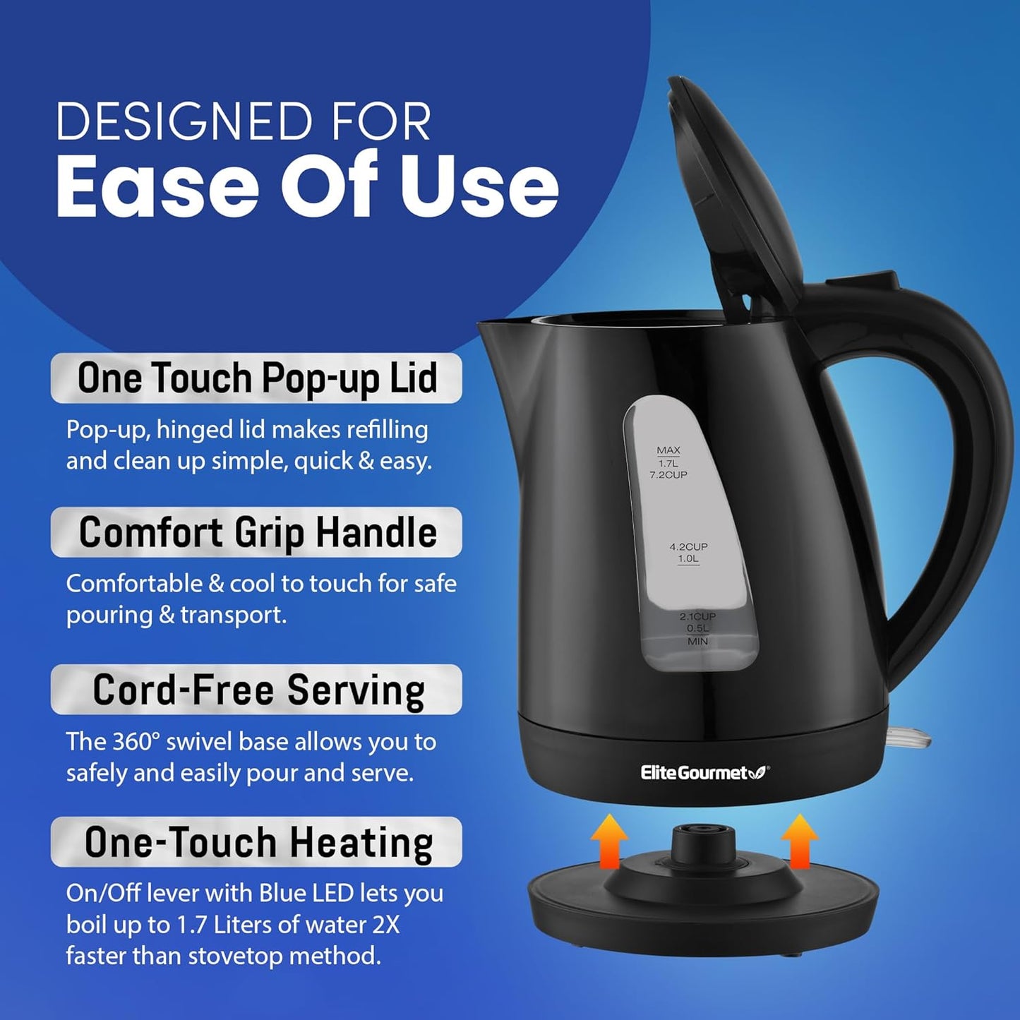 Elite Gourmet EKT8690 1.7L Electric Tea Kettle, 1500W Hot Water Heater, BPA-Free, Fast Boil, Black