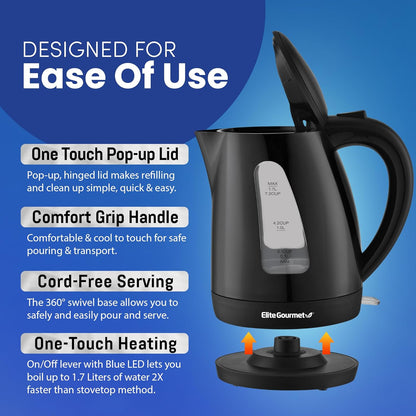 Elite Gourmet EKT8690 1.7L Electric Tea Kettle, 1500W Hot Water Heater, BPA-Free, Fast Boil, Black