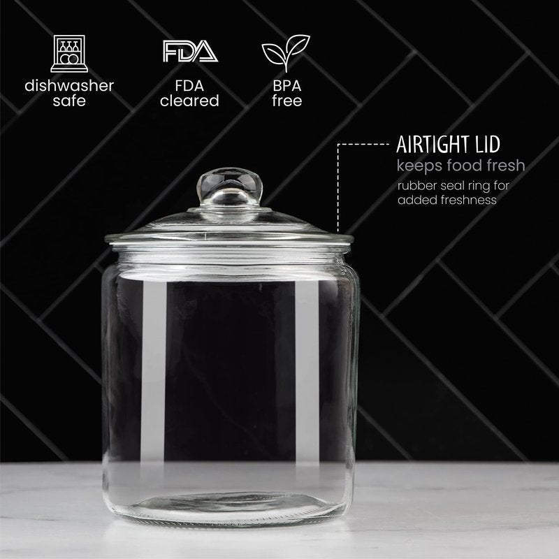 1 Gallon Glass Cookie Jar - Large Food Storage Container with Airtight Lid - Keep Fresh Flour, Chewy Pet Treats, Candy, Dried Foods, Detergent Pods for Your Kitchen or Laundry Room- Pack of 2
