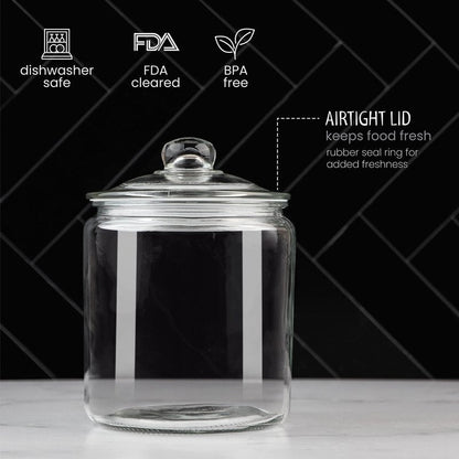 1 Gallon Glass Cookie Jar - Large Food Storage Container with Airtight Lid - Keep Fresh Flour, Chewy Pet Treats, Candy, Dried Foods, Detergent Pods for Your Kitchen or Laundry Room- Pack of 2