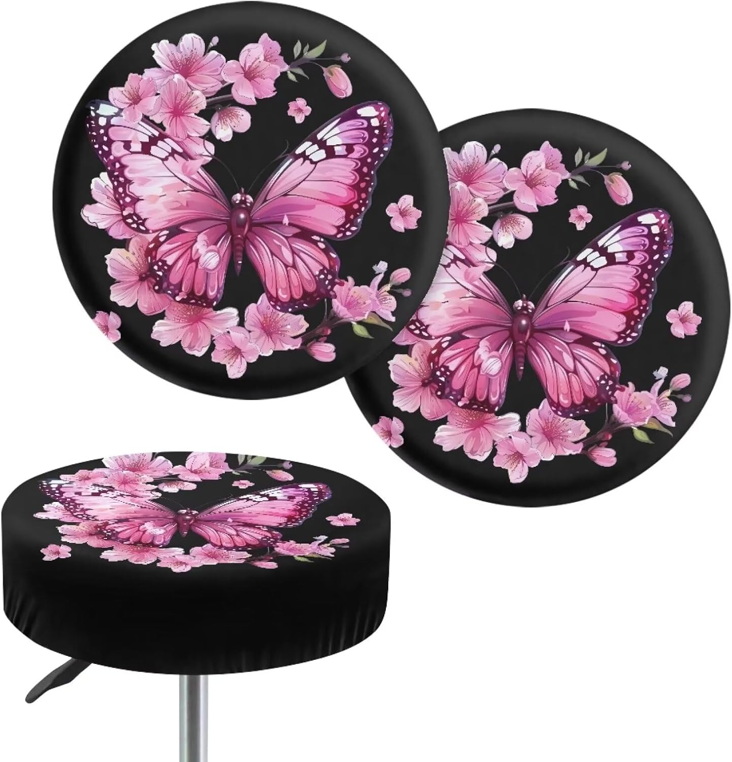 Peach Blossom Bar Stool Covers, Removable Washable Butterfly Print Round Stool Cushion Covers for Dining Room Set of 2