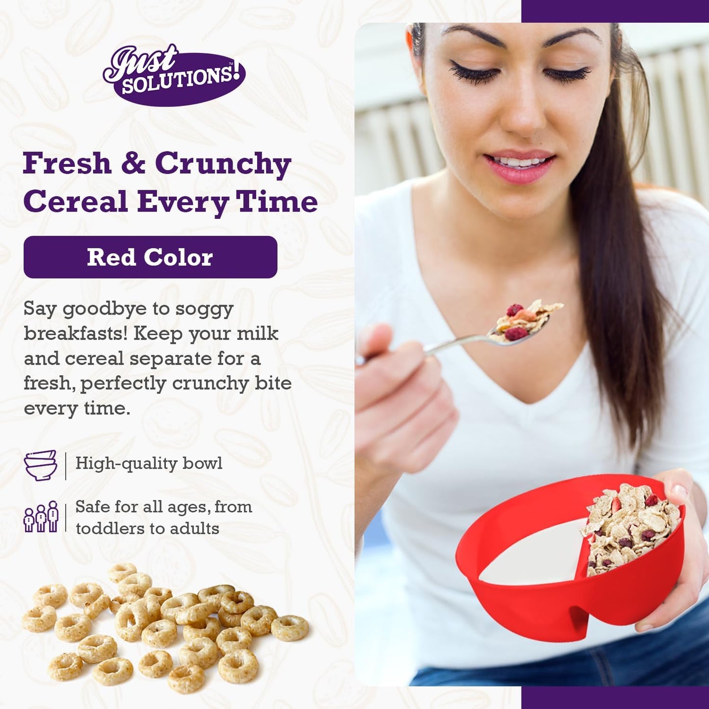Just Solutions Crunch Anti-Soggy Cereal Bowl - Keeps Cereal Fresh & Crunchy, BPA Free, Microwave Safe, Red