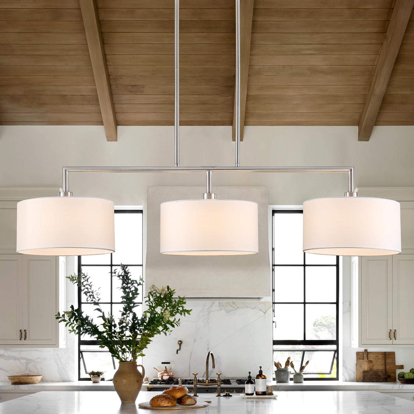 47" Linear Kitchen Island Lighting 3-Light Brushed Nickel Chandelier with White Fabric Drum Shade Adjustable Hanging Pendant Light for Dining Room Light Fixtures Over Table,Kitchen,Bar,Living Room,E26