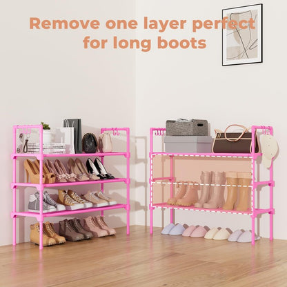 LANTEFUL 3 Tier Shoe Rack for Closet, Shoe Organizer with 5 Hooks, Long Shoe Shelf Storage for Shoe and Boot Stackable Free Standing Shoe Rack for Entryway, Garage, Small Spaces, Dorm, Pink
