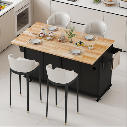 JassmiPkwy 67’’ Movable Kitchen Island with Drop Leaf and Power Outlet, Lockable Sliding Countertop Rolling Island Cart with 2 Large Drawers, Spice, Towel Rack,Black