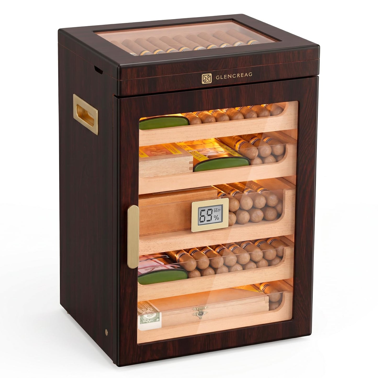 GLENCREAG M26FM-T Cigar Humidor Cabinet for 250 Cigars – Spanish Cedar Lining, Digital Hygrometer, Magnetic Seal, 5 Drawers & Transparent Top Storage– Gift for Cigar Aficionados