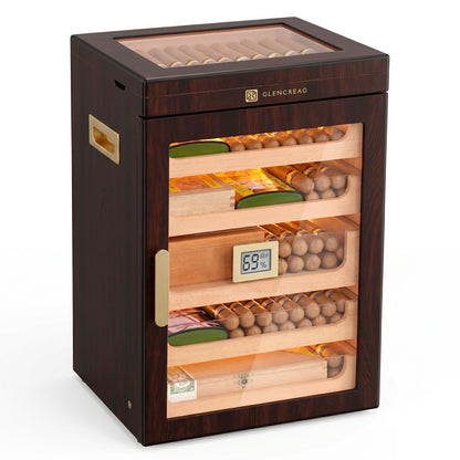 GLENCREAG M26FM-T Cigar Humidor Cabinet for 250 Cigars – Spanish Cedar Lining, Digital Hygrometer, Magnetic Seal, 5 Drawers & Transparent Top Storage– Gift for Cigar Aficionados