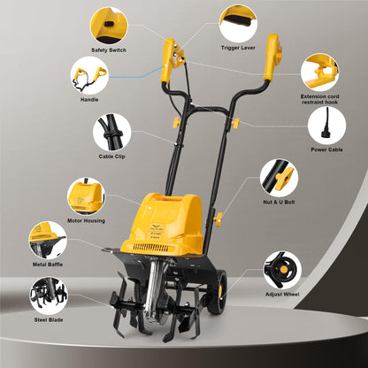 IncwBo Electric Tiller/Cultivator 4 Steel Tines, 8'' Tilling Depth Garden Roto Tillers for Gardening, 13.5 Amp 12 Inch Corded Rototiller with Adjustable Wheels, Yellow