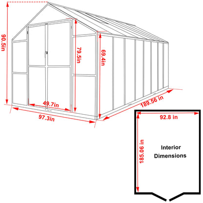 BlueWish 8x16 FT Greenhouse, Aluminum Greenhouse Kit with 4MM Polycarbonate Panel, Greenhouses for Outdoors with Rivet Structure, Adjustable Vents, Walk-in Green House for Garden, Gray