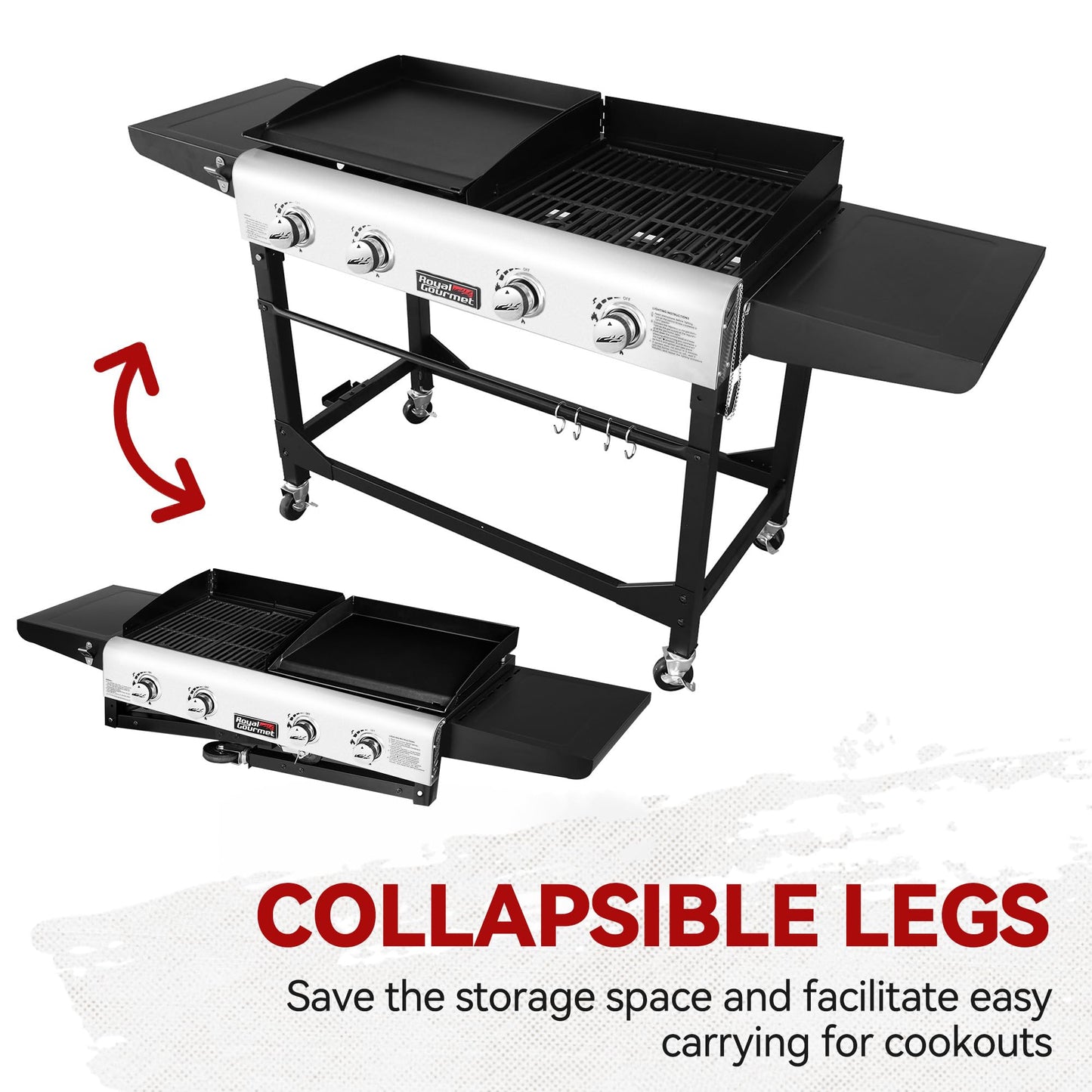 Royal Gourmet GD401 Portable Propane Gas Grill and Griddle Combo with Side Table | 4-Burner, Folding Legs,Versatile, Outdoor | Black 66 Inch
