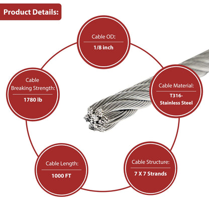 1000FT 1/8 T316 Stainless Steel Cable for Deck Railing, 7x7 Aircraft Wire Rope, Premium Balustrade Kit with Cutter, DIY Stair & Porch Cable System