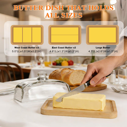 RingsTown‌ wide butter dish with glass lid with Easy-Grip Handle Lid & Natural Bamboo Base - Airtight Seal for Butter Storage Box for Kitchen Countertop and Dining Table to Keep Butter Fresh.