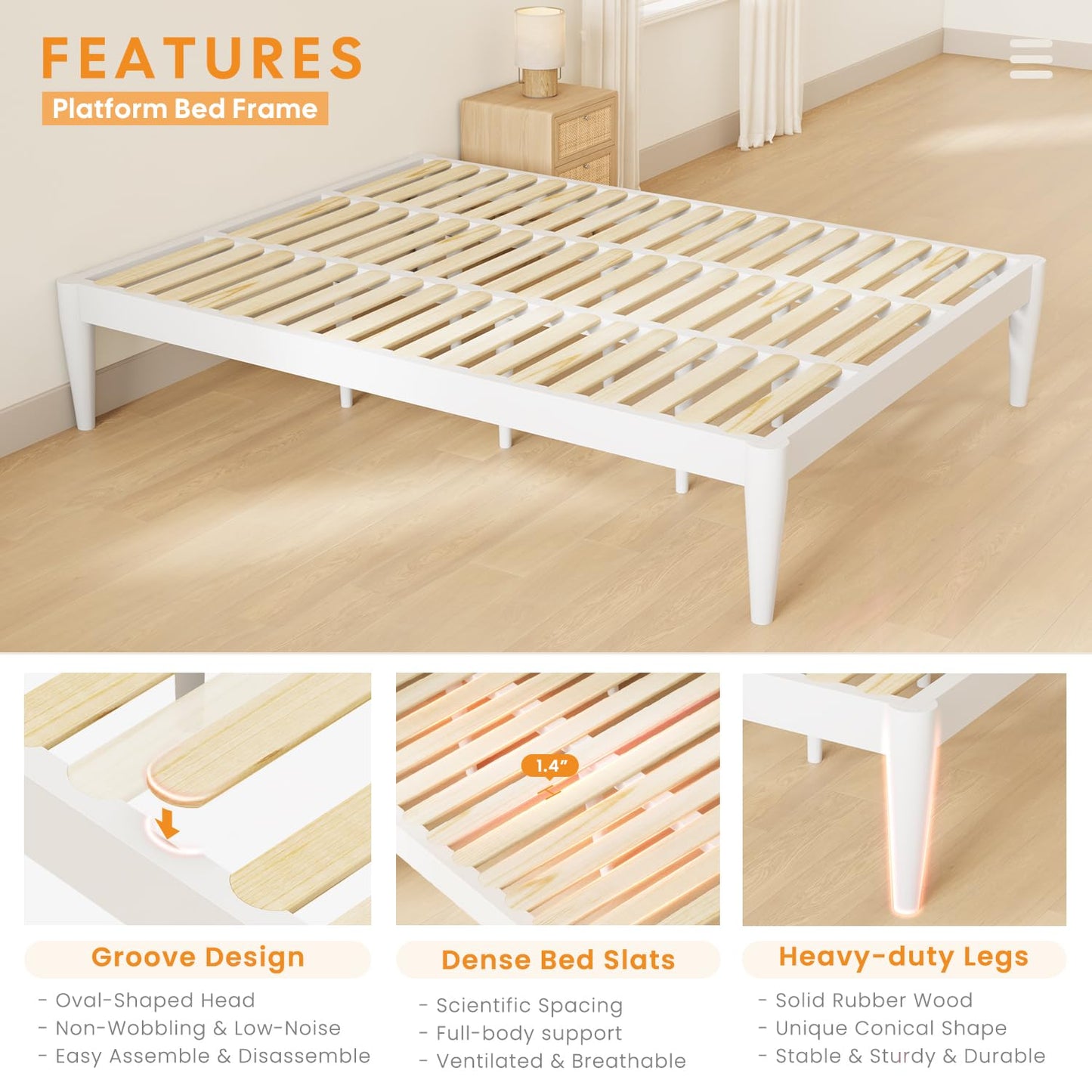 IOTXY King Platform Bed Frame - Solid Wood 16-Inch Height Mattress Foundation Base with Densely Slats and Heavy-Duty Support Legs, No Box Spring Needed, White