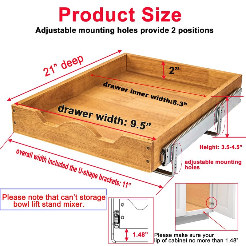 DINDON 1 Tier Pull Out Cabinet Organizer (11" W x 21" D) Single Tier Heavy Duty Sliding Wood Drawer Under Cabinet Shelf Organization Storage