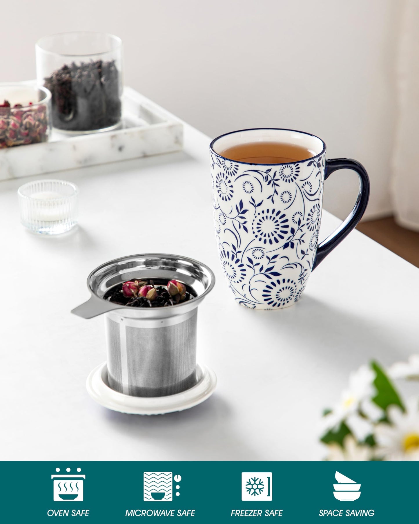 vancasso SELENE Porcelain Tea Mug, 18 oz Porcelain Tea Cup with Infuser and Lid Steeps Loose Leaf Tea, Microwave & Dishwasher Safe, Floral Bloom